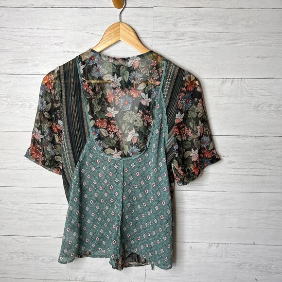 Anthropologie Tiny Blouse Womens Size Medium Teal Floral Geometric Sheer Wrap - Picture 15 of 16